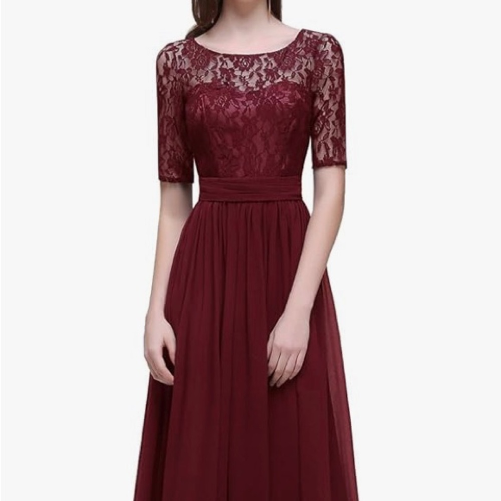 Long burgundy bridesmaid dress with lace top.